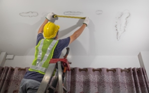 worker checking wet spots on ceiling