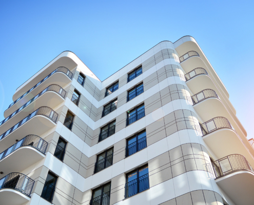 Worm's eye view of hotel building